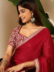 Floral Embroidered Satin Saree