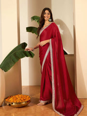 Floral Embroidered Satin Saree