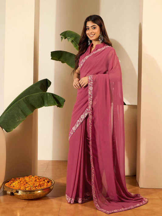 Floral Embroidered Poly Georgette Saree
