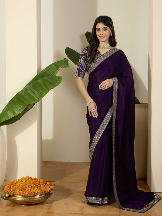 Solid Embellished Sequinned Saree With Blouse Piece