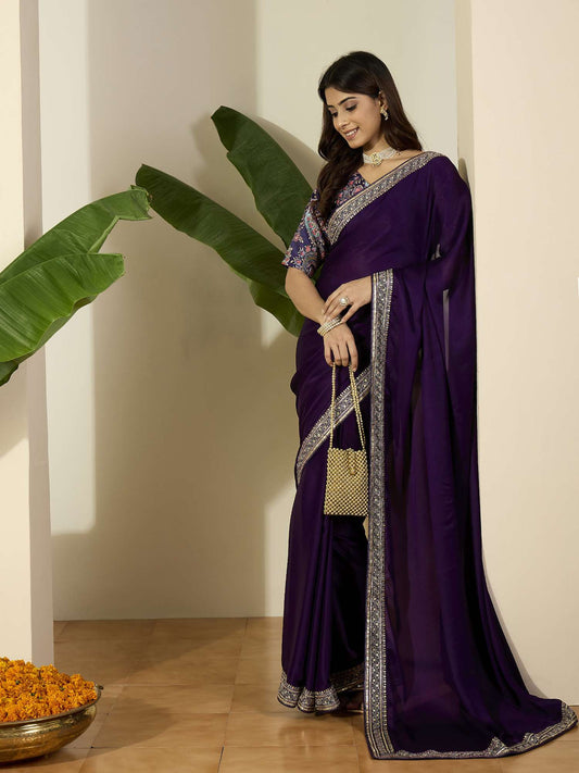 Solid Embellished Sequinned Saree With Blouse Piece