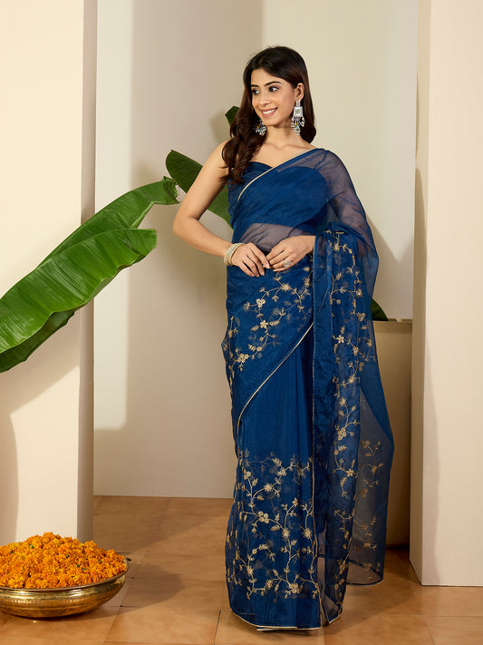 Floral Embroidered Zari Organza Saree