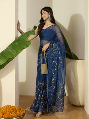 Floral Embroidered Zari Organza Saree