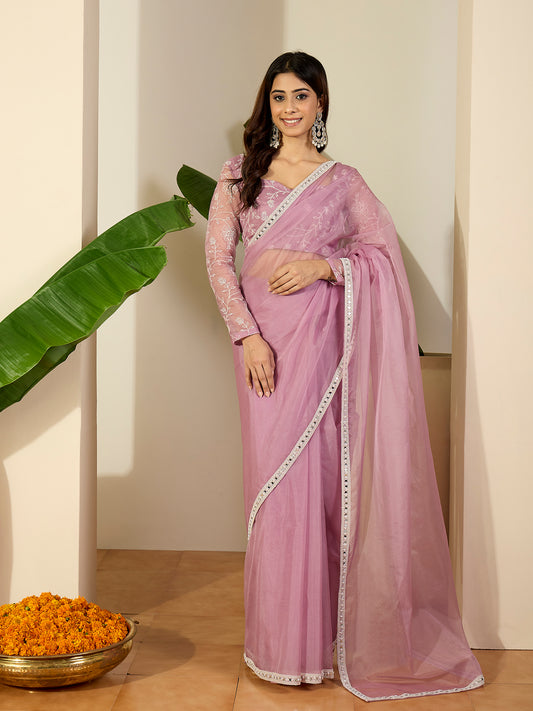 Embroidered Embellished Mirror Work Organza Saree