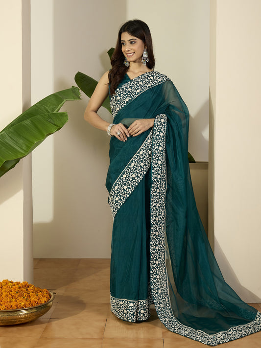 Embroidered Border Organza Saree With Blouse Piece