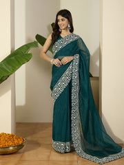Embroidered Border Organza Saree With Blouse Piece