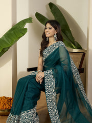 Embroidered Border Organza Saree With Blouse Piece