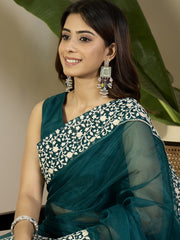 Embroidered Border Organza Saree With Blouse Piece