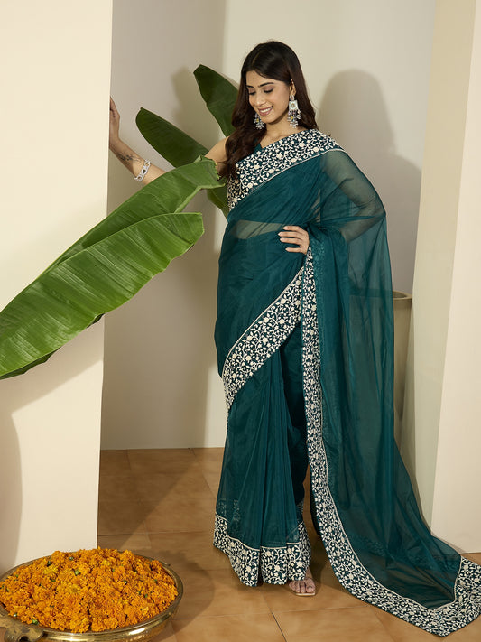 Embroidered Border Organza Saree With Blouse Piece