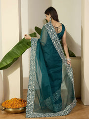 Embroidered Border Organza Saree With Blouse Piece