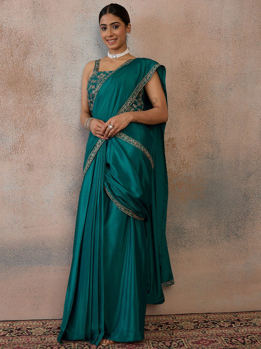 Zari Women Thread Embroidered Border Ready to Wear Saree