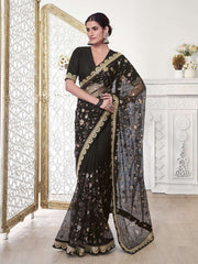 Black Floral Sequinned Net Saree