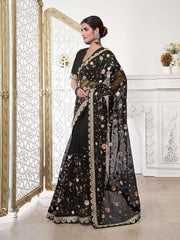 Black Floral Sequinned Net Saree
