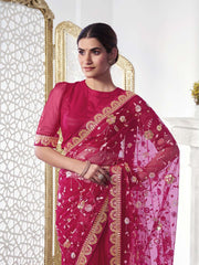 Magenta Floral Sequinned Net Saree