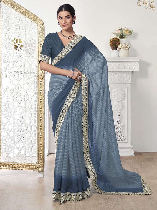 Striped Sequinned Embroidered Saree