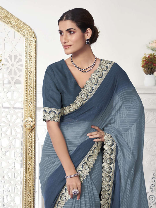 Striped Sequinned Embroidered Saree