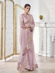 Baby Pink Floral Sequinned Net Saree