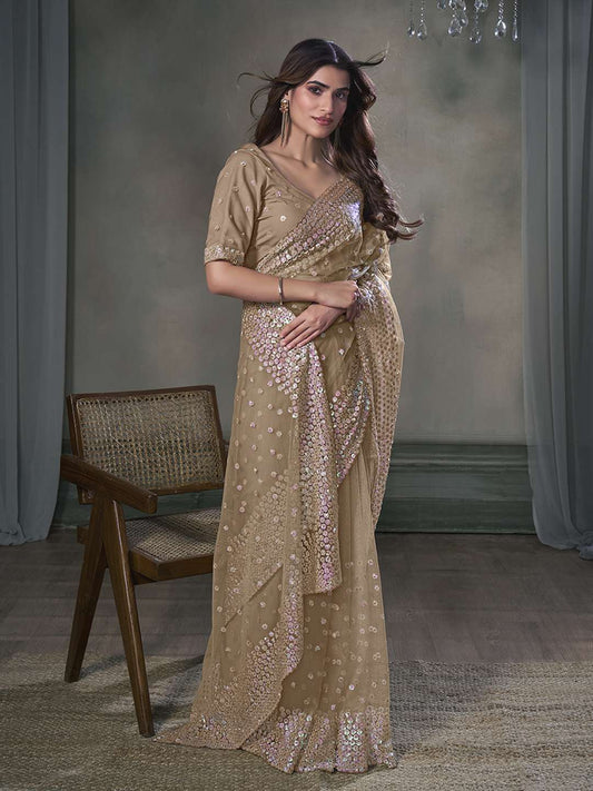 Floral Embroidered Sequinned Net Saree
