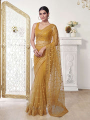 Mustard Ethnic Motifs Sequinned Net Saree