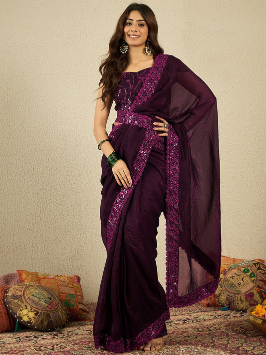 Embroidered Border Sequinned Ready to Wear Saree