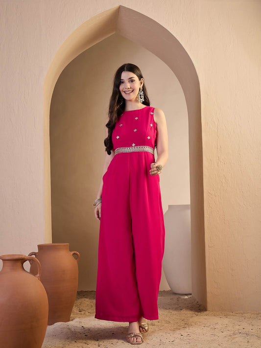 Women Floral Zari & Sequinned Embroidered Jumpsuit