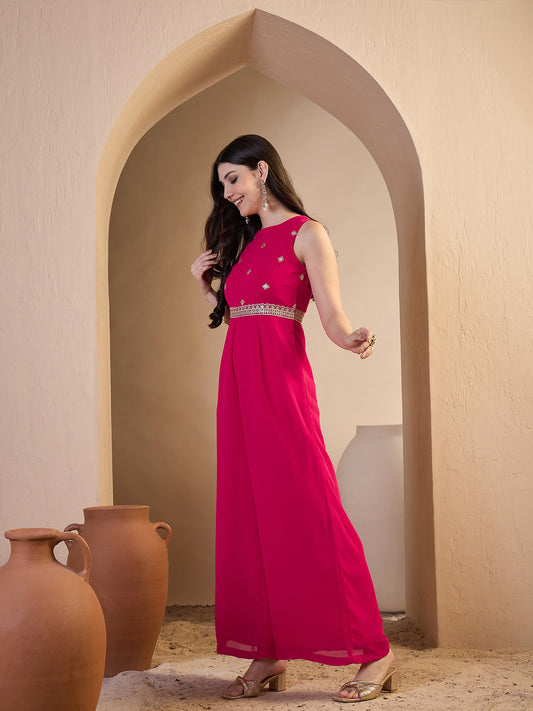 Women Floral Zari & Sequinned Embroidered Jumpsuit