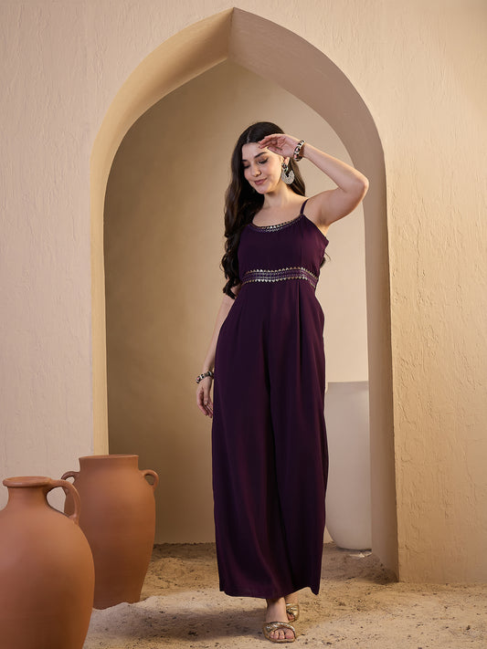 Women Solid Sequinned Embroidered Lace Detailed Jumpsuit