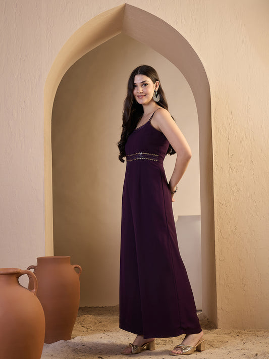 Women Solid Sequinned Embroidered Lace Detailed Jumpsuit