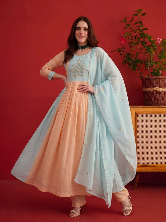 Embroidered Empire Chanderi Cotton Anarkali Kurta with Trousers & Dupatta