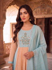 Women Ethnic Motifs Embroidered Pleated Thread Work Chanderi Cotton Kurta with Trousers & With Dupatta