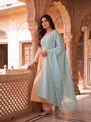 Women Ethnic Motifs Embroidered Pleated Thread Work Chanderi Cotton Kurta with Trousers & With Dupatta