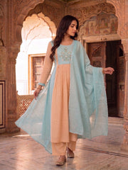 Women Ethnic Motifs Embroidered Pleated Thread Work Chanderi Cotton Kurta with Trousers & With Dupatta