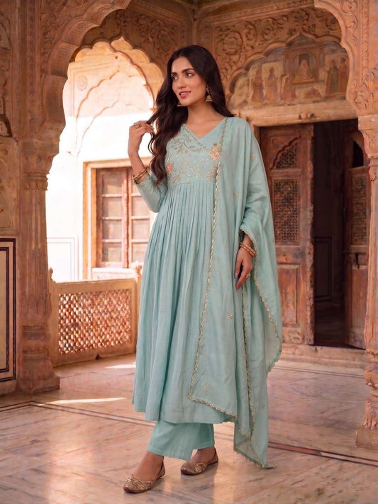 Women Ethnic Motifs Embroidered Pleated Thread Work Chanderi Cotton Kurta with Trousers & With Dupatta