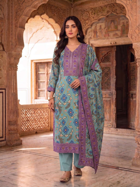 Women Ethnic Motifs Printed Regular Sequinned Linen Kurta with Trousers & With Dupatta