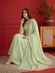 Women Ethnic Tiered Thread Work Chanderi Cotton Kurta with Trousers & With Dupatta