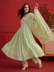 Women Ethnic Tiered Thread Work Chanderi Cotton Kurta with Trousers & With Dupatta