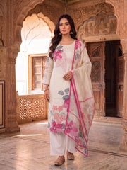 Women Floral Printed Regular Beads and Stones Pure Silk Kurta with Trousers & With Dupatta
