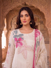 Women Floral Printed Regular Beads and Stones Pure Silk Kurta with Trousers & With Dupatta