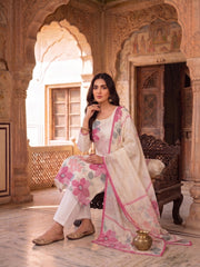 Women Floral Printed Regular Beads and Stones Pure Silk Kurta with Trousers & With Dupatta