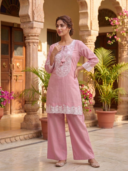 White Romance Embroidered Tunic with Palazzos