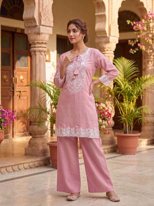 White Romance Embroidered Tunic with Palazzos