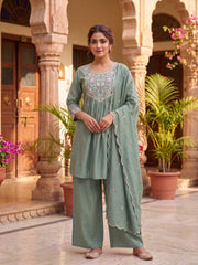 Women Ethnic Motifs Embroidered Empire Thread Work Kurti with Palazzos & With Dupatta