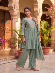 Women Ethnic Motifs Embroidered Empire Thread Work Kurti with Palazzos & With Dupatta