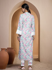 Women Floral Printed Regular Thread Work Pure Cotton Kurta with Trousers