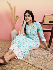 Women Printed Regular Thread Work Linen Kurta with Trousers