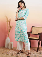 Women Printed Regular Thread Work Linen Kurta with Trousers