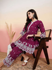 Embroidered V-Neck Tunic With Trousers Co-Ords