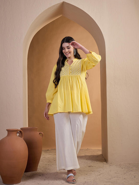 Ethnic Motifs Embroidered Thread Work Thread Work Pleated Kurti