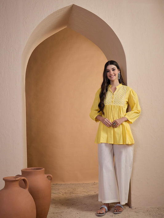 Ethnic Motifs Embroidered Thread Work Thread Work Pleated Kurti
