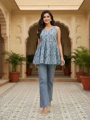 Floral Printed V-Neck Panelled Kurti